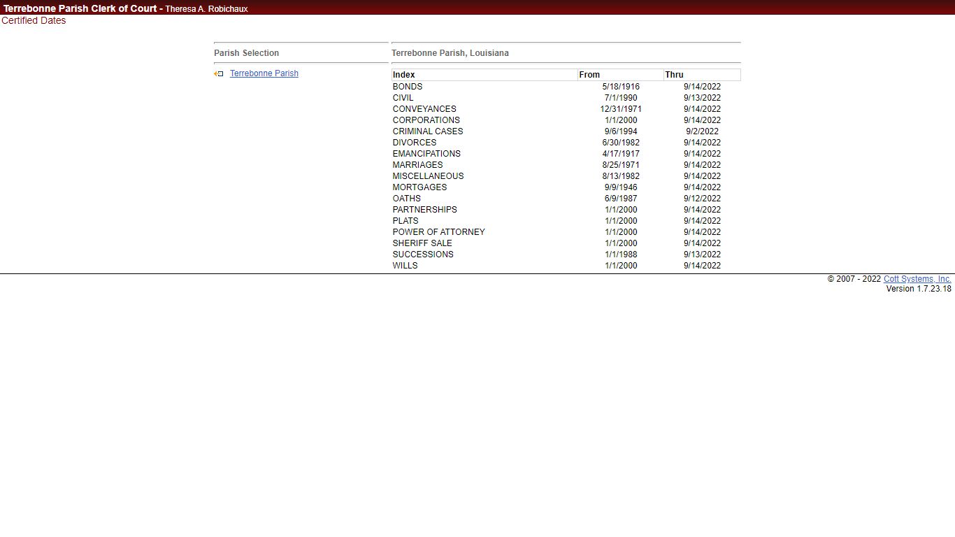 eSearch | Certified Dates - Terrebonne Parish