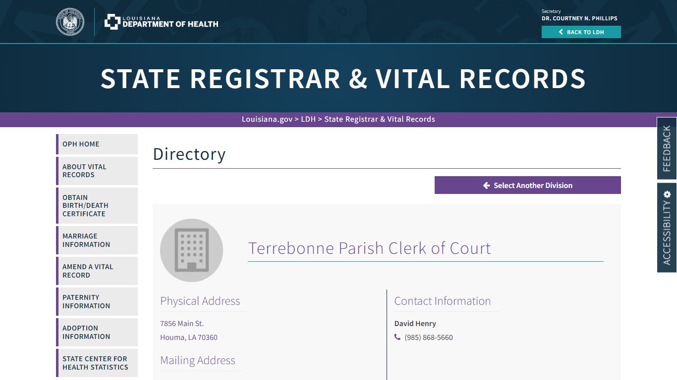 Terrebonne Parish Clerk of Court | La Dept. of Health